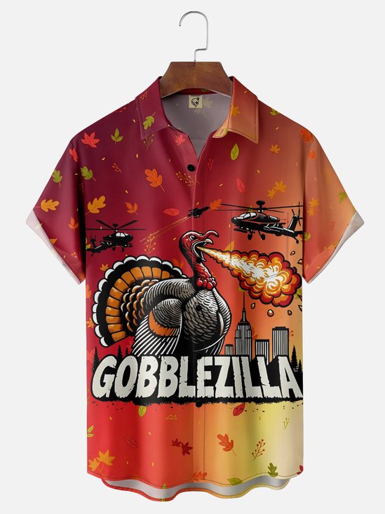 Moisture-Wicking Thanksgiving Turkey Airplane Battle Chest Pocket Hawaiian Shirt