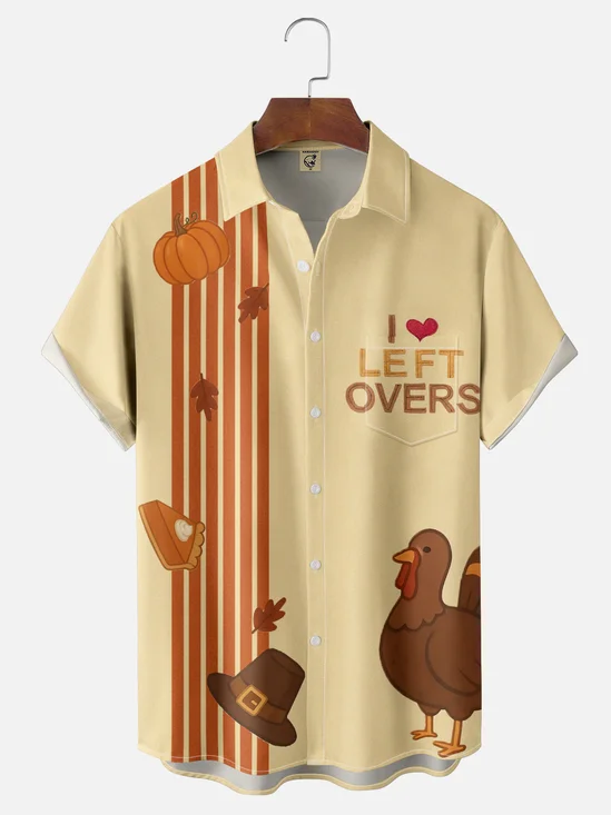 Moisture-wicking Thanksgiving turkey "I Love Leftovers" Chest Pocket Bowling Shirt