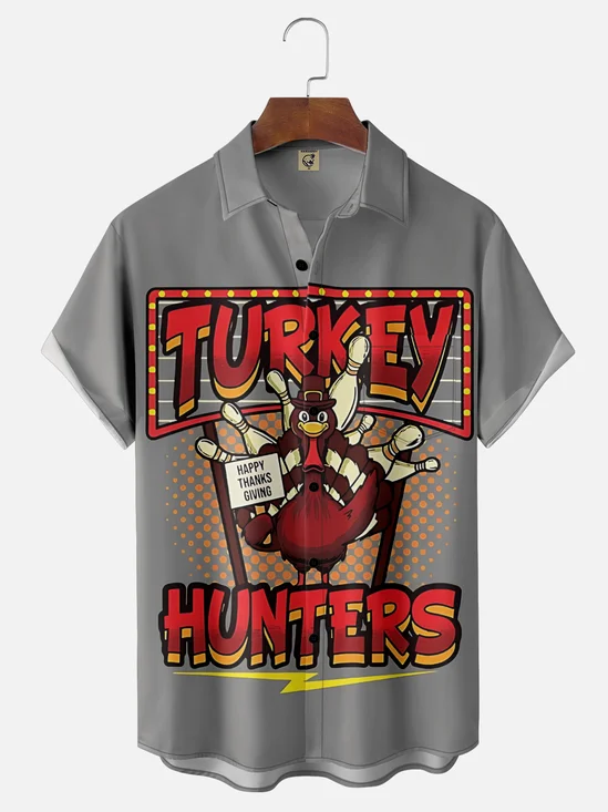 Moisture-Wicking Thanksgiving Turkey Bowling Ball Polka Dot Chest Pocket Hawaiian Shirt