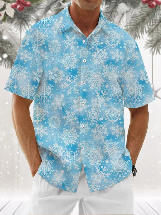 Moisture Wicking Christmas Snowflake Chest Pocket Hawaiian Shirt