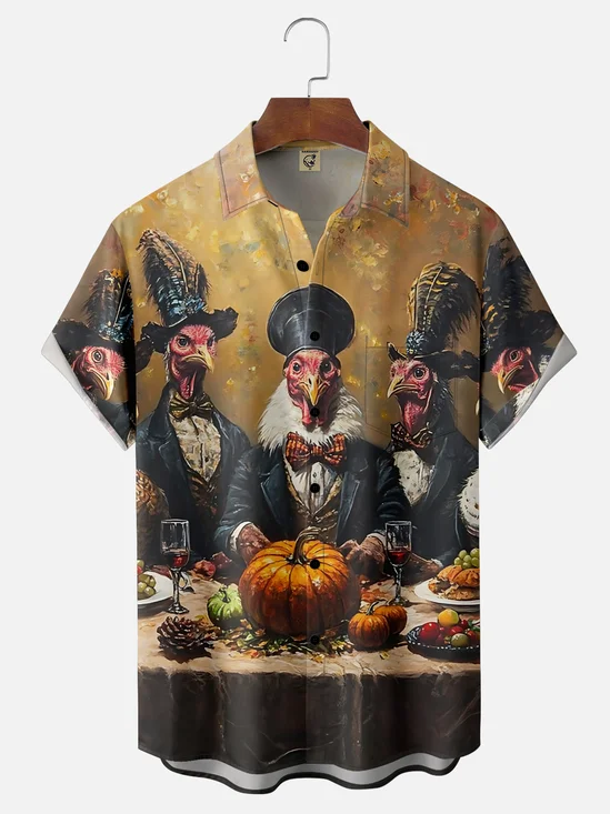 Moisture-wicking Thanksgiving Turkey "Feast" Chest Pocket Casual Shirt