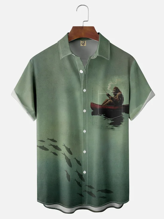 Moisture-wicking Bigfoot Fishing Art Chest Pocket Casual Shirt