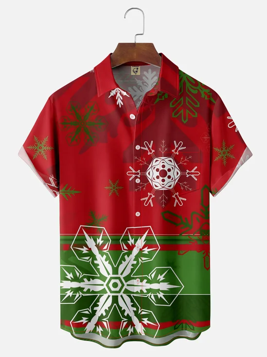 Moisture-wicking Christmas Snowflake Geometric Stripes Chest Pocket Casual Shirt