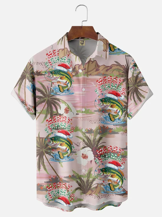 Moisture Wicking Christmas Fish Coconut Tree Chest Pocket Hawaiian Shirt
