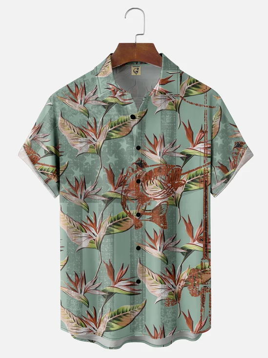 Moisture Wicking Paradise Flower Fishing American Flag Chest Pocket Hawaiian Shirt