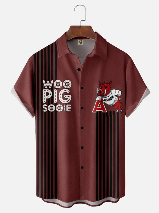 Moisture-Wicking American Football Arkansas Art Wild Boar Chest Pocket Bowling Shirt