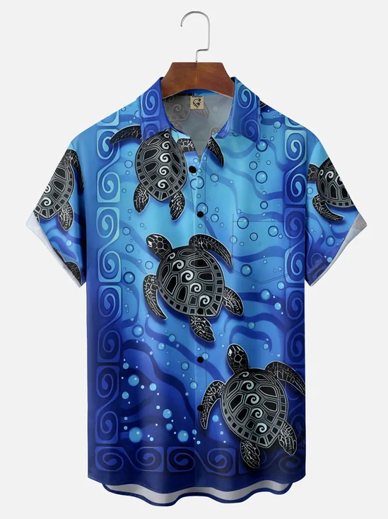 Moisture Wicking Gradient Color Marine Animals Turtle Chest Pocket Hawaiian Shirt