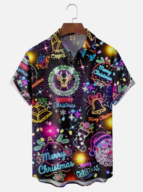 Moisture-wicking Christmas Santa Claus Elk Neon Lights Chest Pocket Casual Shirt