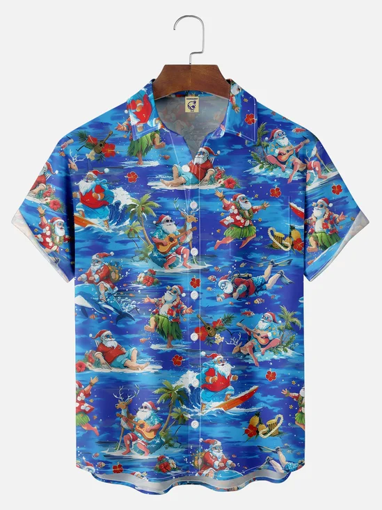 Big Size Moisture-wicking Christmas Santa Claus Surfing Chest Pocket Casual Shirt
