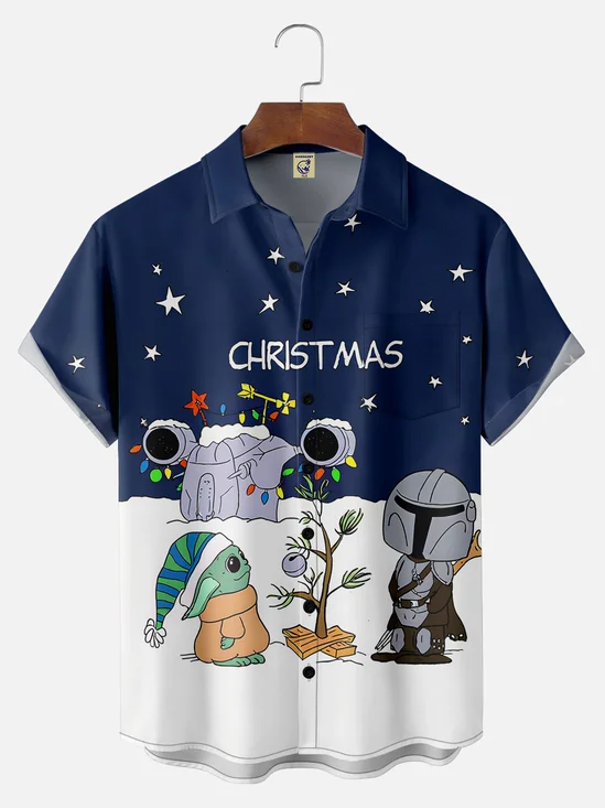 Big Size Moisture-wicking Christmas Tree Cartoon Chest Pocket Casual Shirt