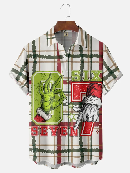 Moisture Wicking Christmas Fun Gestures Checkered Chest Pocket Hawaiian Shirt