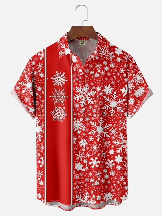 Moisture Wicking Striped Snowflake Chest Pocket Bowling Shirt