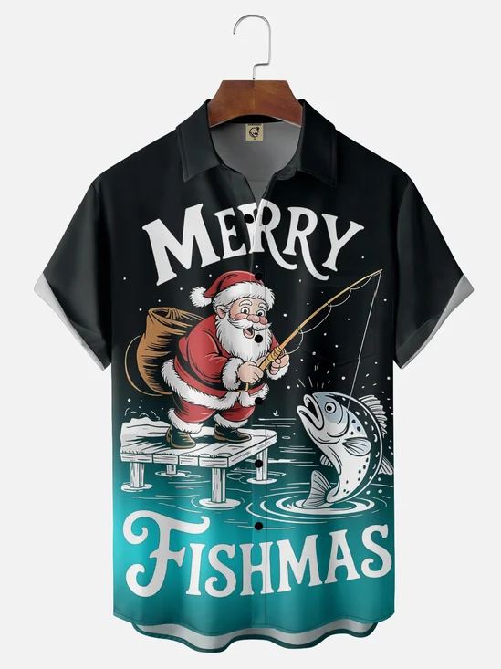 Moisture Wicking Gradient Santa Claus Fishing Chest Pocket Hawaiian Shirt