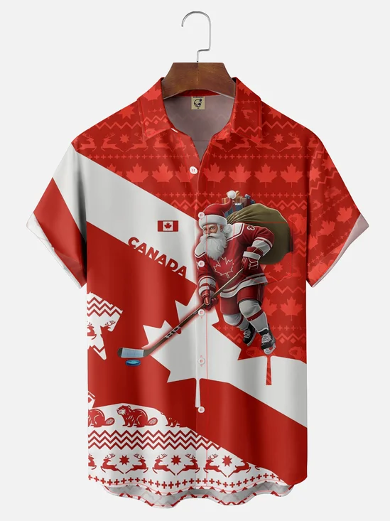 Moisture-wicking Canada Santa Claus Hockey Maple Leaves Chest Pocket Casual Shirt