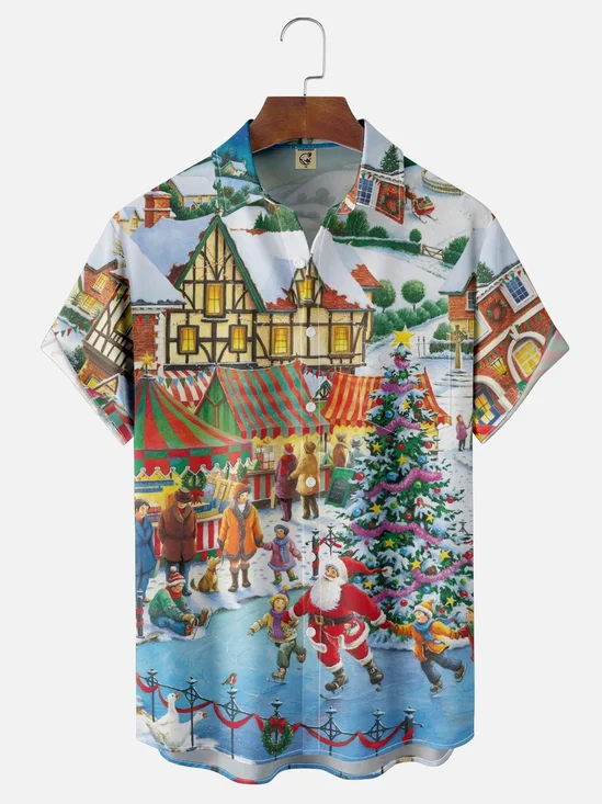 Moisture-Wicking Christmas-Themed Ice Skating Scene Chest Pocket Hawaiian Shirt