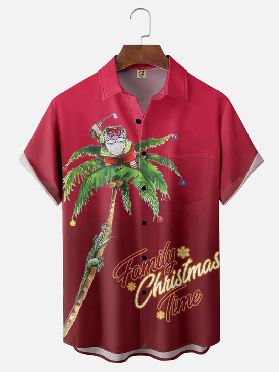Moisture Wicking Merry Christmas Coconut Tree Santa Claus Golf Ball Chest Pocket Hawaiian Shirt