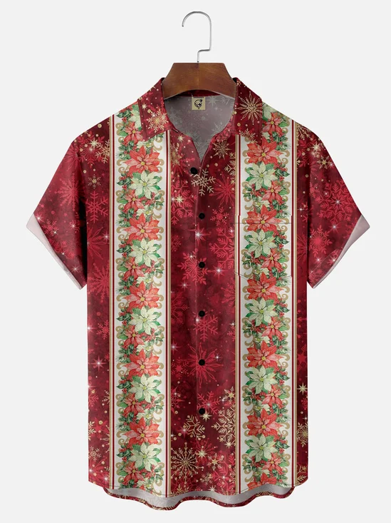 Moisture Wicking Christmas Floral Striped Floral Chest Pocket Hawaiian Shirt