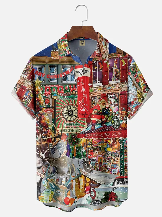 Moisture-Wicking Christmas-Themed Chest Pocket Hawaiian Shirt