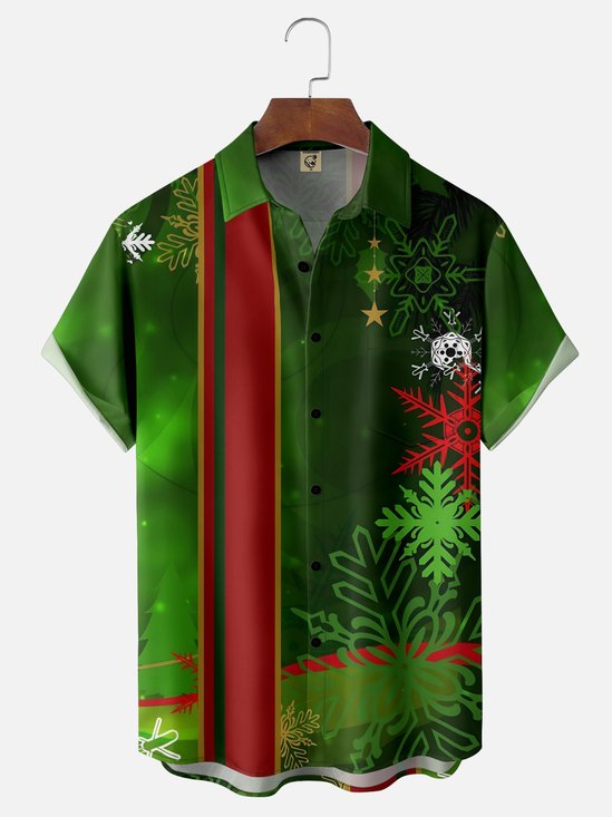 Moisture-wicking Christmas Snowflake Geometry Chest Pocket Bowling Shirt