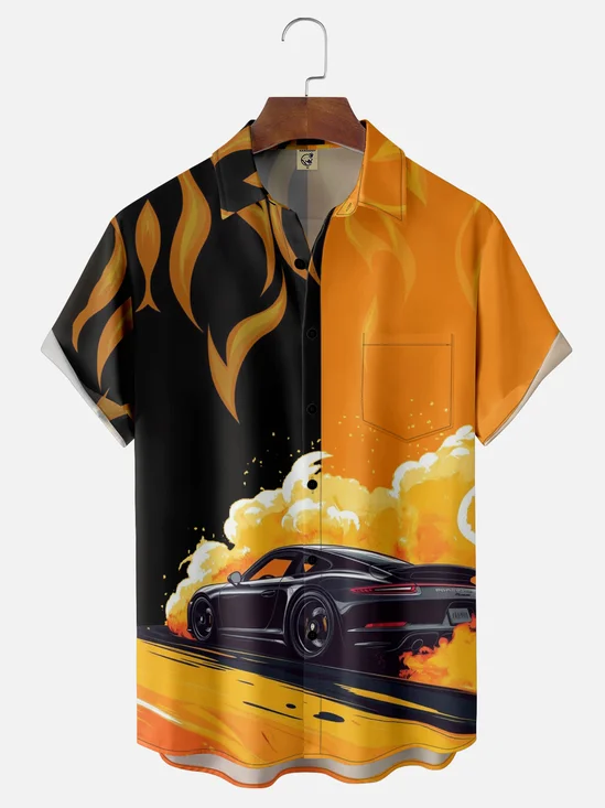 Moisture Wicking Color-Blocked Sports Car Chest Pocket Hawaiian Shirt