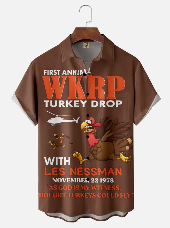 Big Size Moisture Wicking Thanksgiving Fun Turkey Chest Pocket Hawaiian Shirt