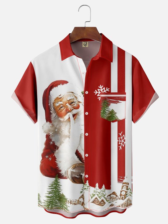Tall Size Moisture-wicking Christmas Santa Claus Chest Pocket Casual Shirt
