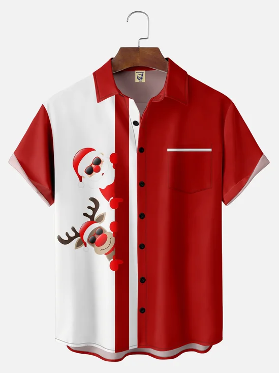 Big Size Moisture-wicking Christmas Santa Claus Chest Pocket Casual Shirt