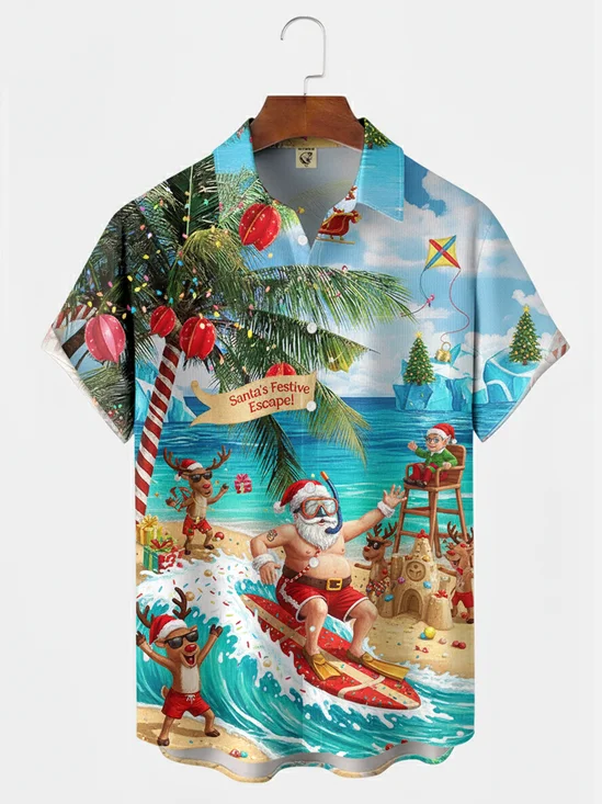 Moisture-wicking Christmas Santa Claus On Vacation Chest Pocket Holiday Shirt