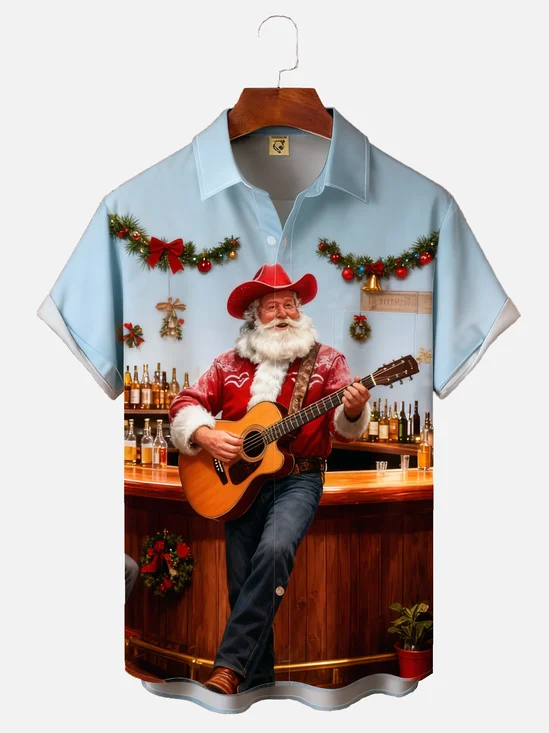 Moisture-wicking Christmas Santa Claus Western Cowboy Music Guitar Chest Pocket Casual Shirt