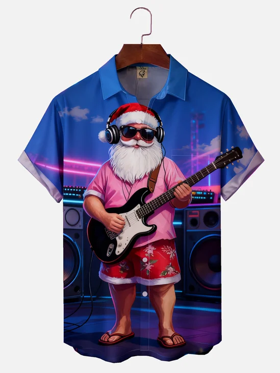 Moisture-wicking Christmas Santa Claus Music Guitar Chest Pocket Casual Shirt