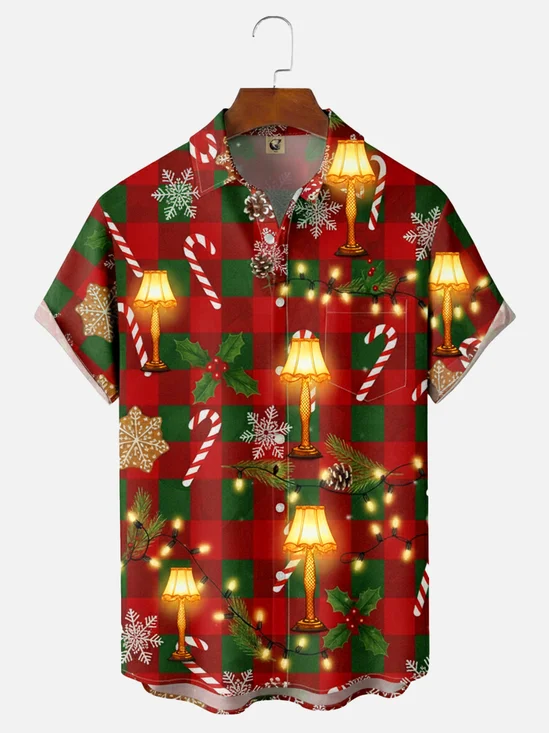 Moisture-wicking Christmas Light Candy Cane Chest Pocket Casual Shirt