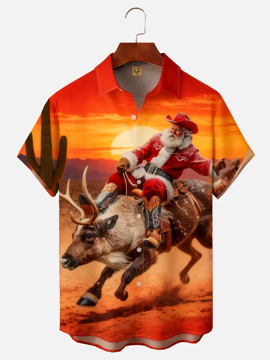 Moisture-wicking Christmas Santa Claus Rodeo Chest Pocket Casual Shirt