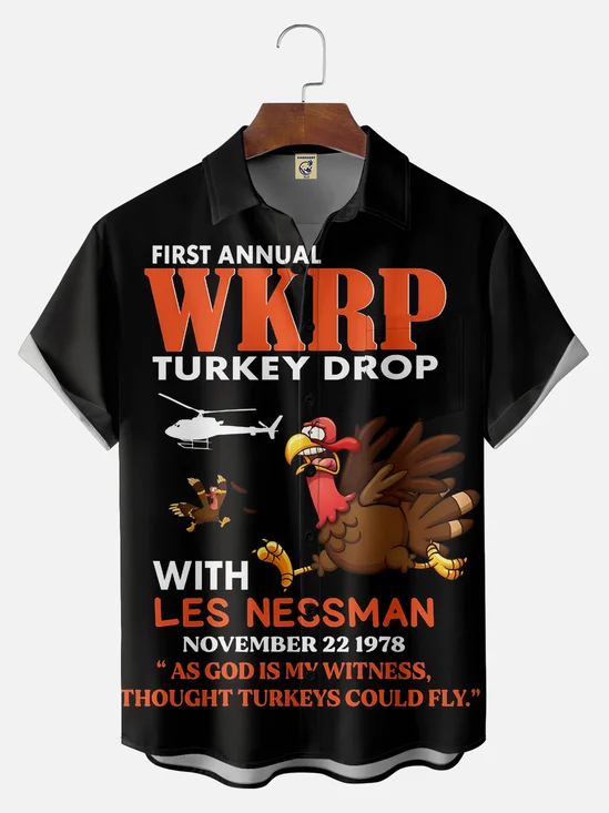 Big Size Moisture Wicking Thanksgiving Fun Turkey Chest Pocket Hawaiian Shirt