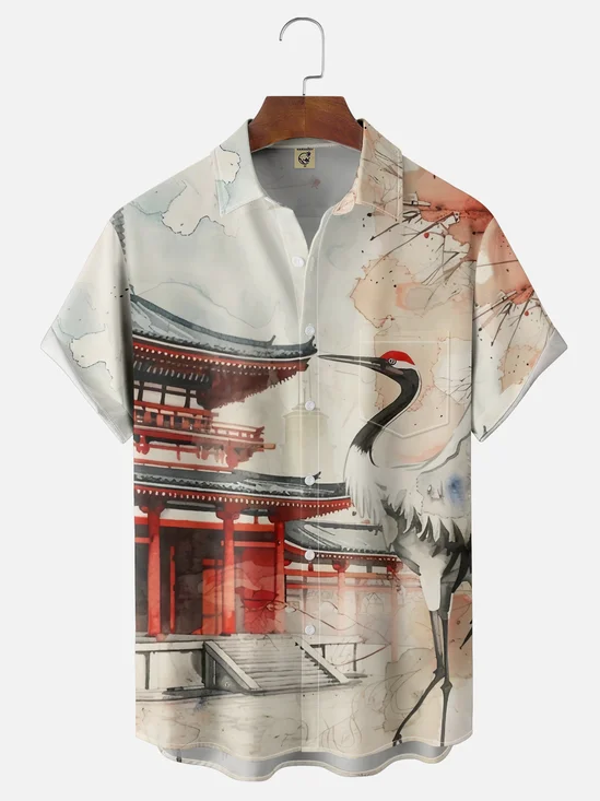 Moisture Wicking Japanese Cultural Architecture Crane Changing Color Chest Pocket Hawaiian Shirt