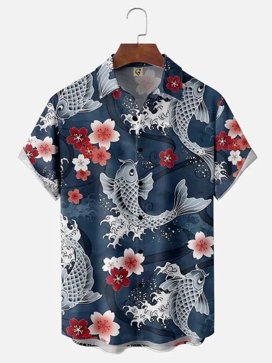 Moisture Wicking Japanese Culture Cherry Blossom Koi Waves Chest Pocket Hawaiian Shirt