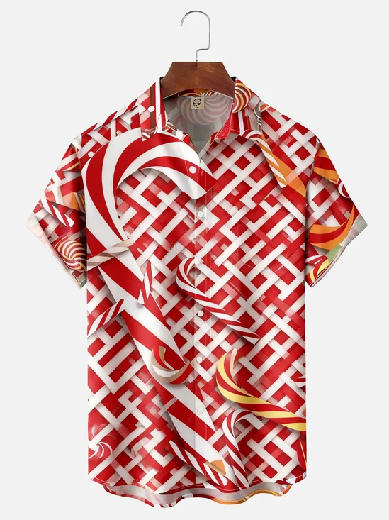 Moisture-wicking Christmas Candy Cane Chest Pocket Casual Shirt