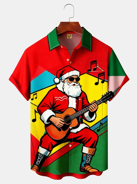 Moisture-wicking Christmas Santa Claus Music Guitar Chest Pocket Casual Shirt