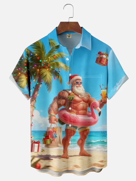 Moisture Wicking Christmas Beach Vacation Santa Claus Flamingo Chest Pocket Hawaiian Shirt