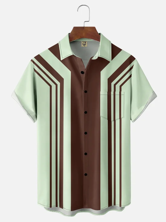 Moisture-wicking Classic Retro Color-Block Chest Pocket Bowling Shirt