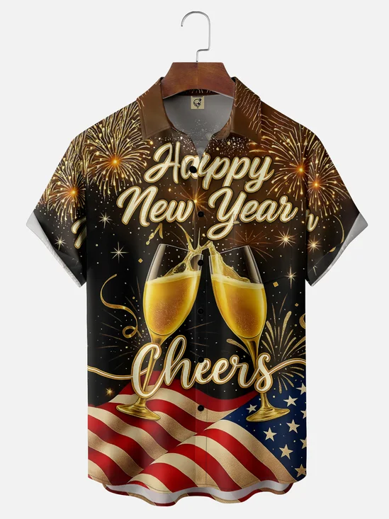 Moisture Wicking Happy New Year Hawaiian Shirt with Chest Pocket