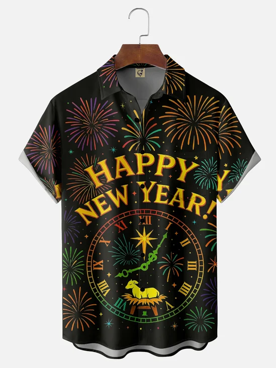 Moisture Wicking Happy New Year Hawaiian Shirt with Chest Pocket