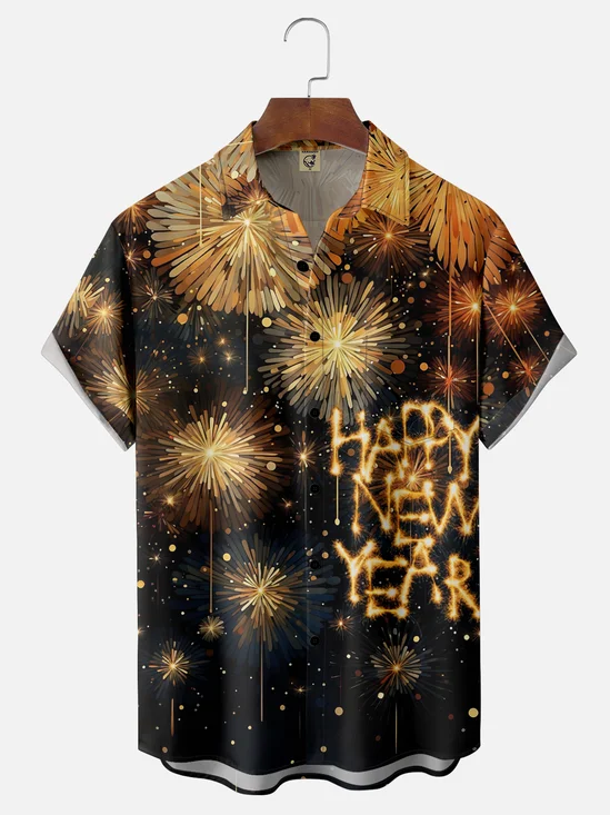 Moisture Wicking Happy New Year Hawaiian Shirt with Chest Pocket