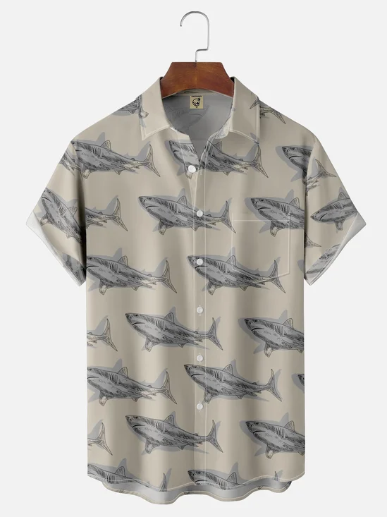 Moisture-wicking Shark Fun Print Chest Pocket Casual Shirt