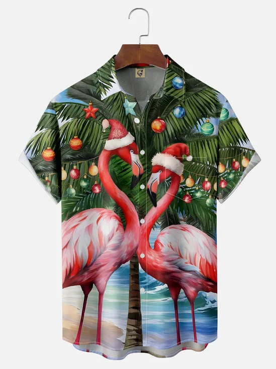 Moisture Wicking Christmas Flamingo Chest Pocket Hawaiian Shirt