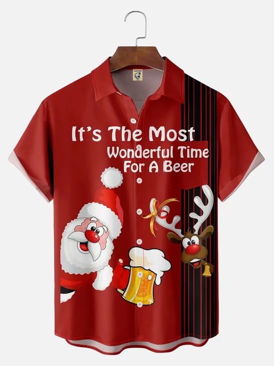 Big Size Moisture-wicking Christmas Santa Claus Reindeer Beer Chest Pocket Bowling Shirt