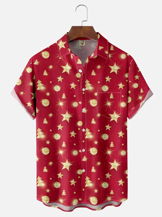 Moisture Wicking Christmas Star Chest Pocket Hawaiian Shirt