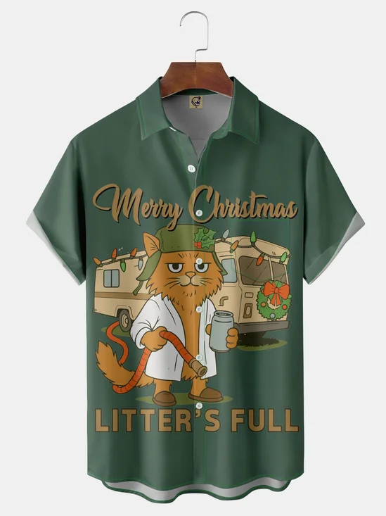 Moisture Wicking Crazy Christmas Vacation Eddie Cat Chest Pocket Hawaiian Shirt