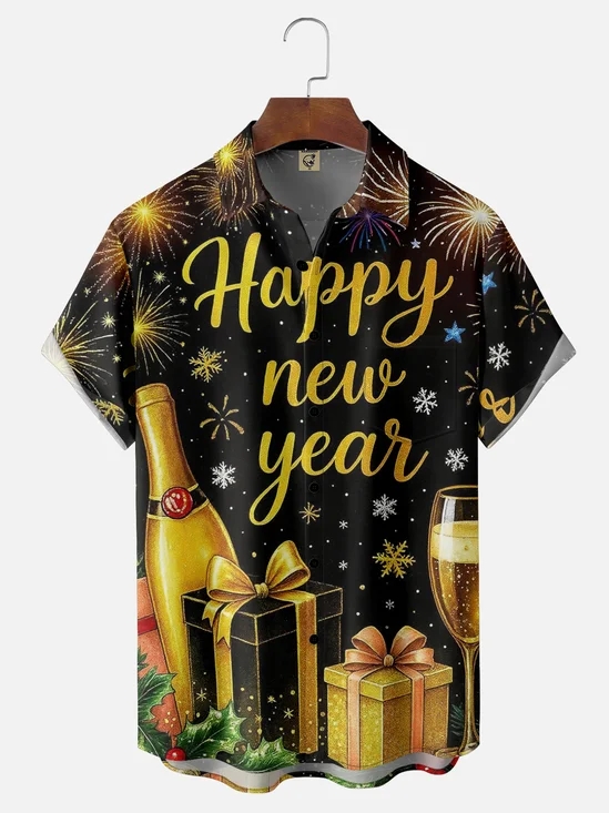 Moisture Wicking Happy New Year Wine Glass Fireworks Hawaiian Shirt with Chest Pocket