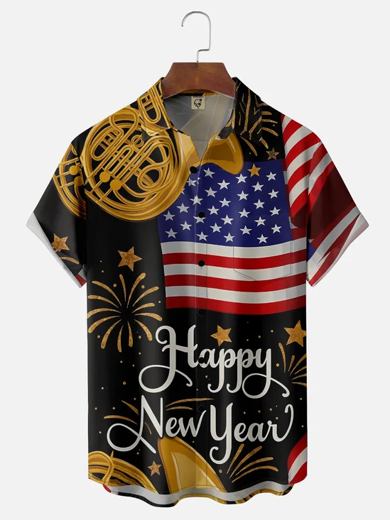 Moisture Wicking Happy New Year Hawaiian Shirt with Chest Pocket