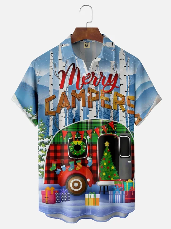 Moisture Wicking Christmas Merry Christmas Campervan Chest Pocket Hawaiian Shirt